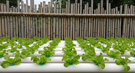 Hydroponic Lettuce Farm Rows of Green Lettuce Growing in Water Tubes for Sustainable Agriculture