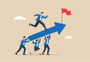 Flat illustration of business team supporting upward arrow while leader runs on top to reach red flag symbolizing achievement and collective success