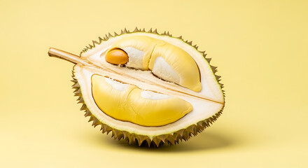 Exotic Half Cut Durian With Creamy Pulp on a Yellow Backdrop