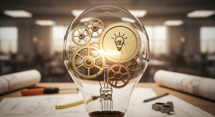 A transparent light bulb filled with interlocking gears and an illuminated idea symbol, representing creativity, engineering, innovation, and the mechanical process behind bright new inventions.

