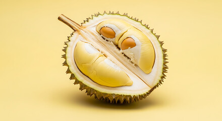 A fresh ripe durian fruit cut in half showing the creamy yellow flesh and large seeds inside, isolated on a simple yellow background