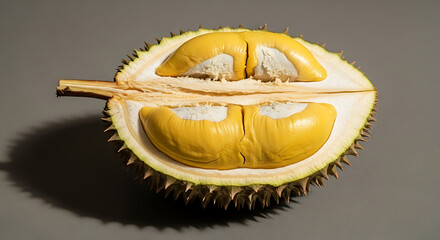 Halved durian fruit, displaying creamy yellow arils and spiky rind. This delicious tropical fruit offers a unique culinary experience with its distinct aroma and sweet taste
