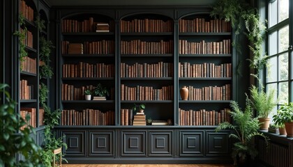 Dark Academia bookcase filled with vintage books and rich plants. Shelves display a collection of classic literature and potted plants, creating a cozy, intellectual ambiance for study or reading.