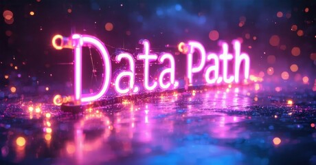 Bright neon text displays Data Path over blurred purple, blue lights. Sparkling effects enhance futuristic aesthetic.