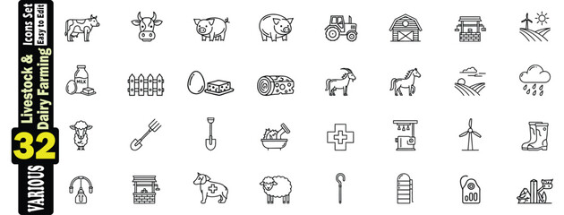 Livestock and Dairy Farming Line Art Icons Set (2). Various Farm Elements, livestock, dairy farming, farm, agriculture, windmill, elements, simple, clean, dairy, shovel, illustration.  © Hafiz
