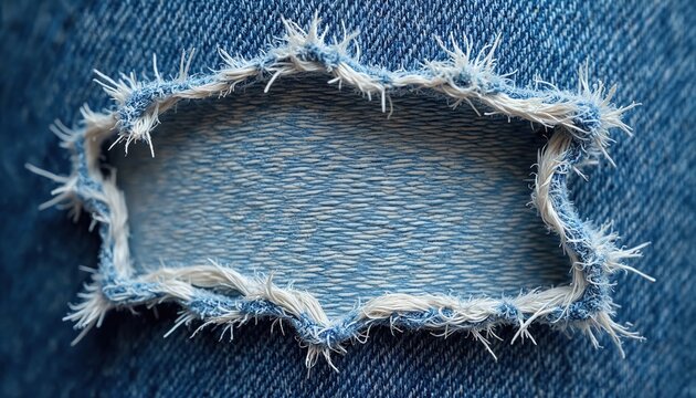 Close up of ripped blue jean fabric with white threads visible in damaged denim material. Frayed edges, worn texture, hole, surface detail of casual cotton textile clothing. Background for fashion