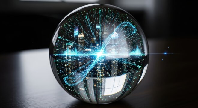 Cityscape refracted in a sphere with glowing digital network, envisioning futuristic urban