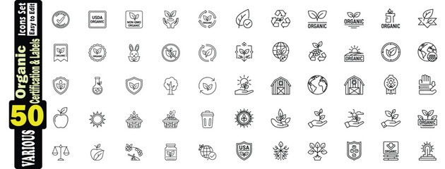 Organic Certification and Labels Icons Set. Vector Graphic Collection, organic, certification, labels,  products, graphic, recycle, earth, seals, scales, illustration. 