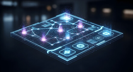 A futuristic holographic interface displays a glowing network map with nodes and connections, representing advanced digital technology, data visualization, connectivity, and cyber communication.

