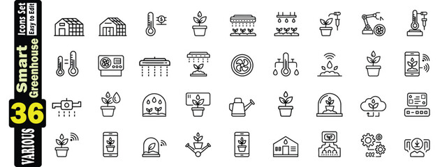 Smart Greenhouse Icons Set (2). 36 Various Line Art vectors. Including greenhouse, smart farming, agriculture, and technology.  fan, watering, modern, illustrations. 