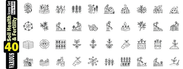 Obraz premium Soil Health and Fertility Icons Set. 40 Various Line Art editable Illustrations, soil, health, fertility, agriculture, testing, elements, earth, fertilizer, shovel vector art. 