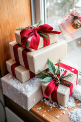 Christmas Decorated Presents on Window Sill