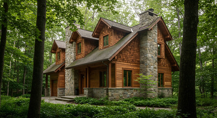 A house with a facade made of natural wood and stone, blending with the forest