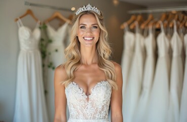 Naklejka premium Happy blonde bride smiles, trying on elegant wedding dress in salon. Beautiful woman wears tiara, showcasing bridal fashion. Lace gown details. Marriage preparation, bridal shop experience.