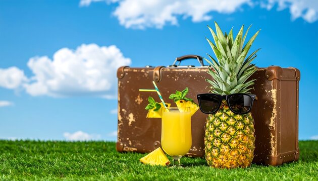 Pineapple with sunglasses on a grassy field near a vintage suitcase and a cocktail