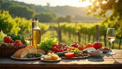 Mediterranean diet food spread on rustic wooden table. Fresh vegetables, olive oil, bread, wine glasses with white wine, olives, tomatoes. Vineyards background. Concept of healthy, nutritious eating.