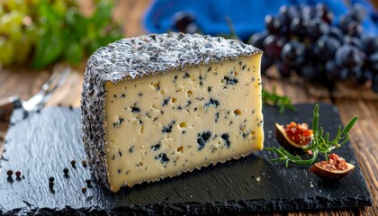 Mold-speckled cheese block on a slate board next to grapes and figs