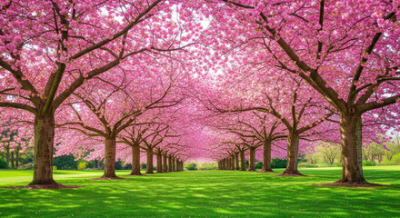 Obraz premium A beautiful avenue of cherry blossom trees in full bloom, creating a vibrant pink tunnel over a lush green lawn.