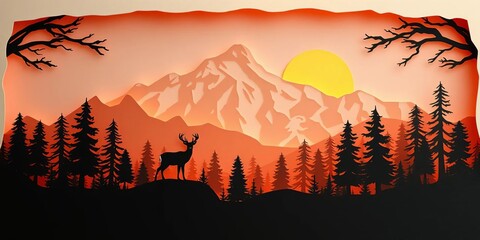 Intricate paper cut mountain scene, deer silhouettes, sunlit forest,  forest,   sun rays