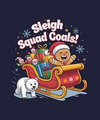 Cute Christmas Gingerbread Man on Sleigh with Elves and Polar Bear