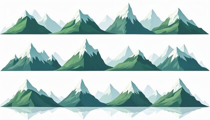 Fototapeta premium Twelve stylized green mountain range illustrations featuring snowy peaks, diverse landscapes. Graphic design artwork with abstract geometric shapes, shadows, smooth textures, vibrant color tones.