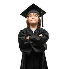 Joyful young graduate wearing academic regalia and cap with arms crossed looking upwards with a smile isolated on transparent background