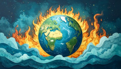 The Earth globe engulfed in flames and waves, symbolizing climate change impact