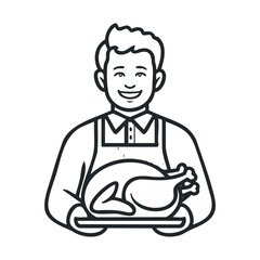 Thanksgiving celebration with chef presenting roasted turkey. Vector black icon