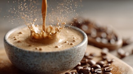 Ceramic coffee pourer pouring creamy espresso into a cup. Coffee aethetic