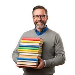 Smiling mature man with glasses holding a tall stack of colorful books isolated on transparent background