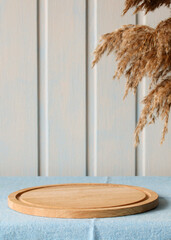 Wooden board for product display on rustic background