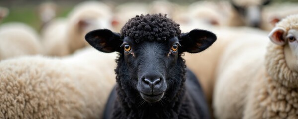 Naklejka premium Black sheep stands out crowd of white sheep. Unique animal, black wool. Contrast concept, one different, individuality, leadership. Portrait of black sheep looking camera.