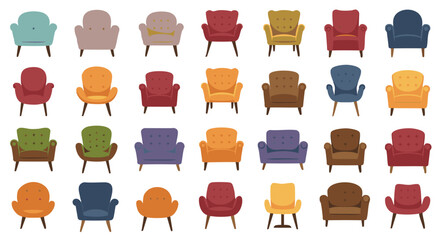 Collection of various colorful armchairs, each with unique designs and styles, arranged in rows.