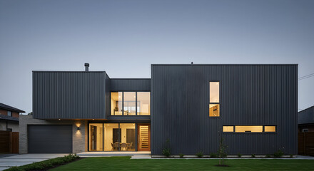 Obraz premium A house with a facade of vertical metal panels