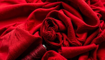 Wrinkled bright red fabric, with a spiraled roll and dark red thread