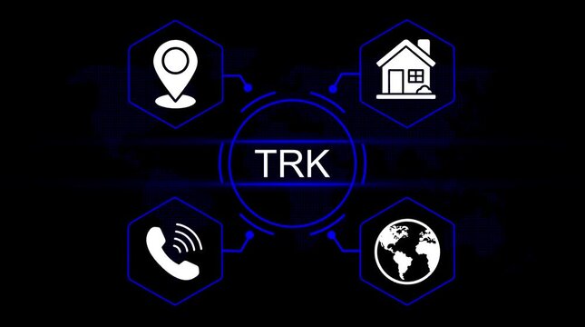 Global communication network concept with connected icons for location home phone and earth on digital world map background T R K technology