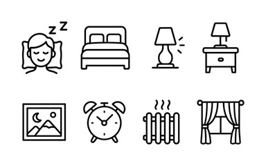 Set of black line icons illustrating bedroom comfort and nighttime relaxation.