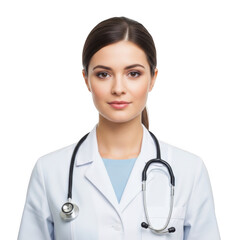 Professional young female medical doctor wearing white lab coat and stethoscope isolated on transparent background