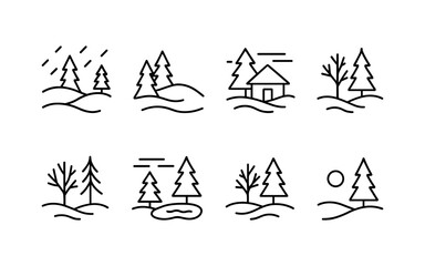 Set of black line icons illustrating winter forest landscapes with fir trees, snow-covered hills, cabin, pond, and bare trees.