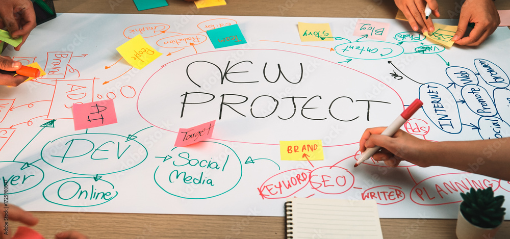 Poster engaging brainstorming session showcasing hands actively writing and drawing ideas for a new project