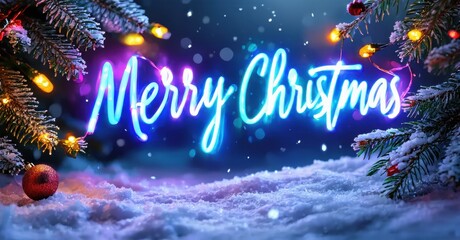 Naklejka premium Festive scene depicts Merry Christmas text. Snow covers ground, branches frame message. Lights add vibrant glow. Holiday spirit visible.