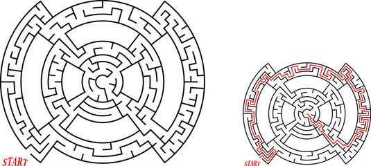 Simple black line circular maze in target shape for kids. Flat vector illustration isolated on white. With solution path. Educational game concept.