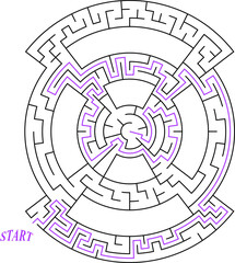 Simple black line circular maze in target shape for kids. Flat vector illustration isolated on white. With solution path. Educational game concept.