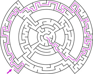 Simple black line circular maze in target shape for kids. Flat vector illustration isolated on white. With solution path. Educational game concept.