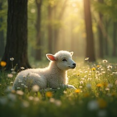 Naklejka premium Gentle lamb rests peacefully in sun-drenched spring forest amid blooming wildflowers. Soft sun rays filter through trees, creating serene, hopeful atmosphere. Image evokes themes of faith,
