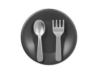 Silver spoon , fork with black plate icon render illustration