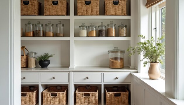 Minimalist pantry features organized shelves with labeled glass jars and woven baskets. White cabinets and shelves create a clean, functional aesthetic for storing food ingredients and dry goods.
