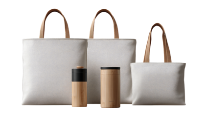 Three varying sized off-white canvas tote bags with light beige leather handles, accompanied by two matching cylindrical containers, one dark-colored and the other light