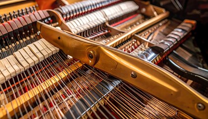 Close-up view of intricate piano mechanism