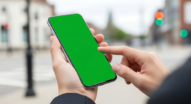 Close-up of hands holding a modern smartphone with a vivid green screen display, ready for digital content insertion, set against a blurred urban street background